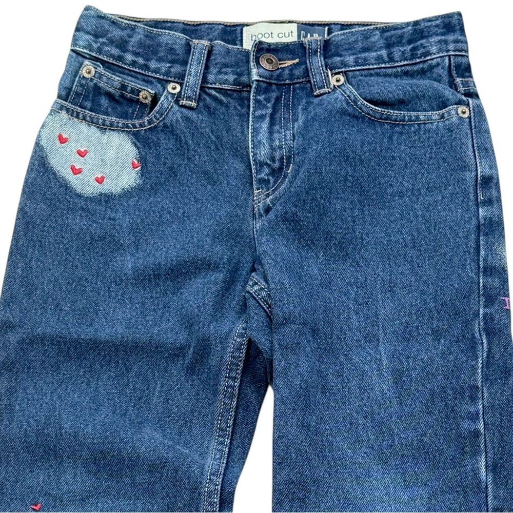 Youth Girls Gap Kids Bootcut Jeans‎ 7 Blue Heart Graphic Denim Casual Pants Cute